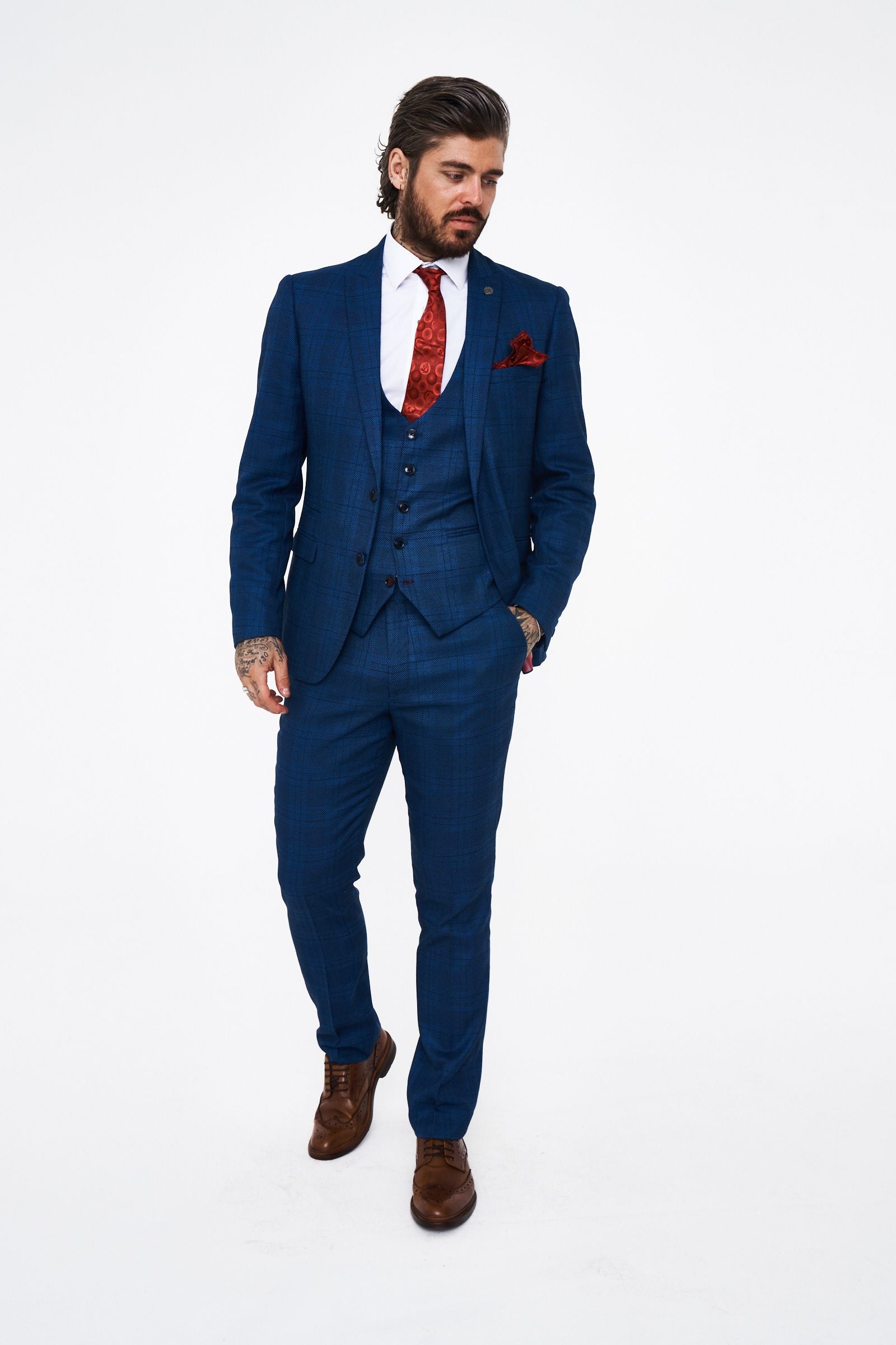 Marc Darcy Jerry Blue check Three Piece Suit