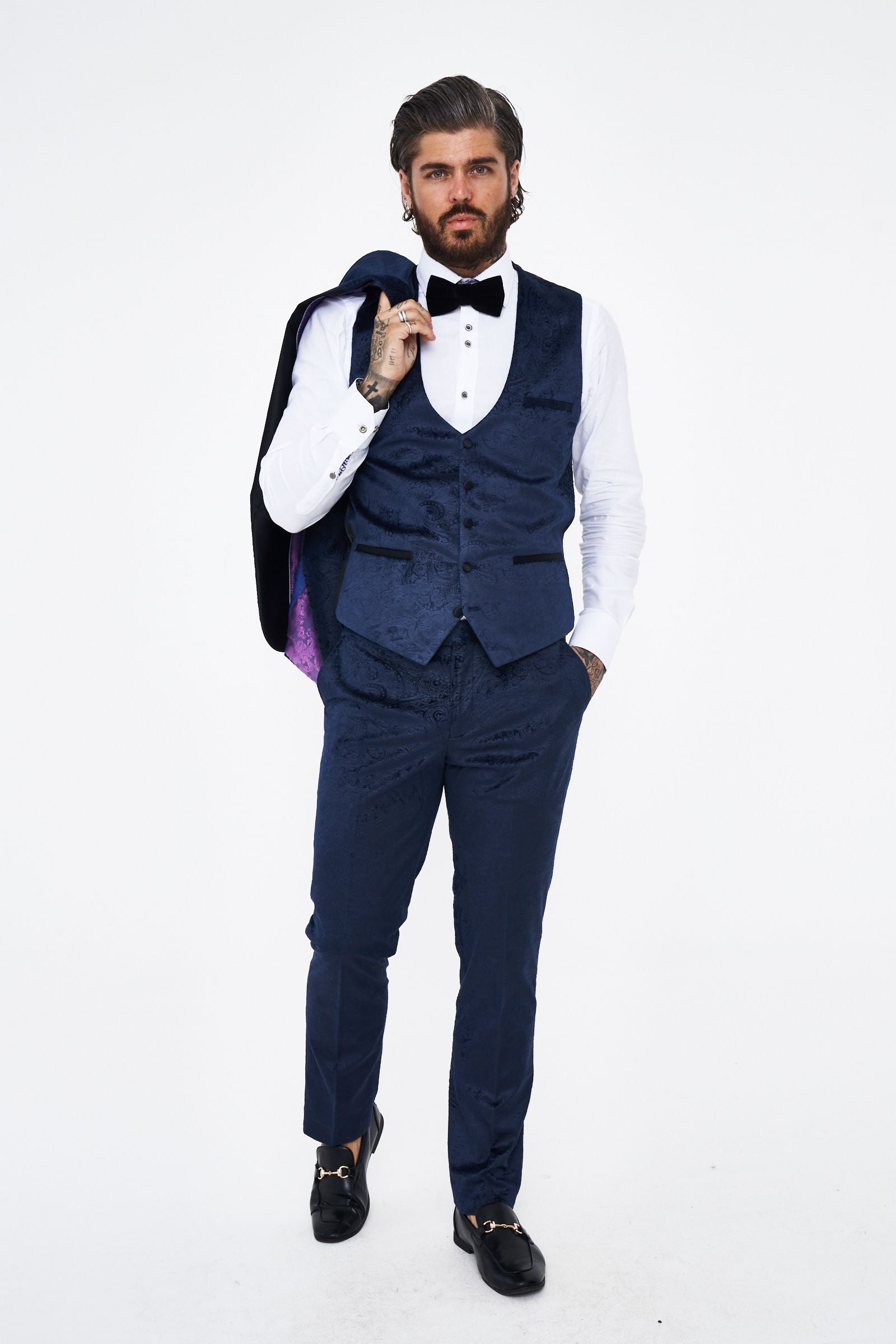 Marc Darcy Simon Navy Velvet Jacquard Waistcoat