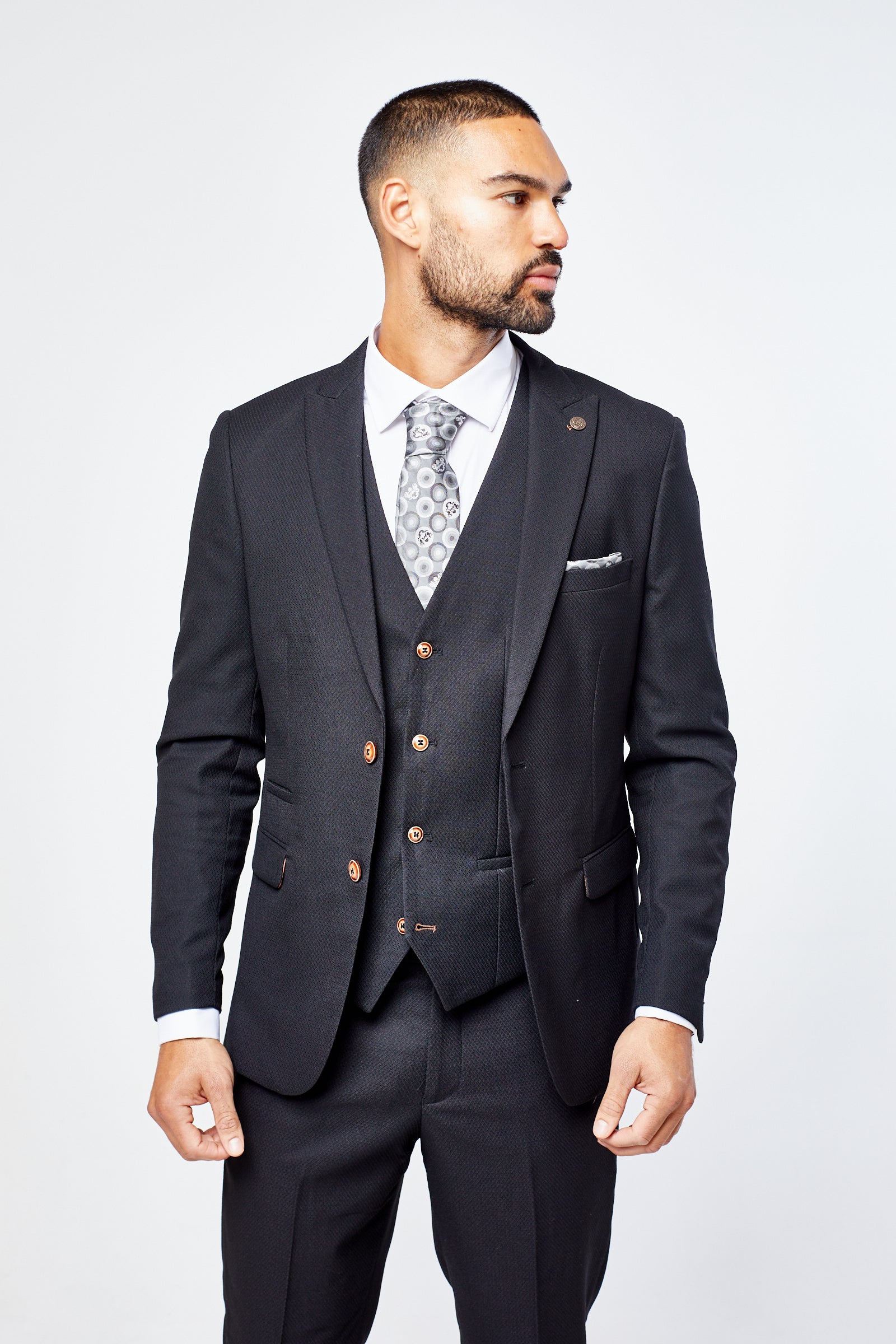 Max - Black Three Piece Suit with Contrast Buttons
