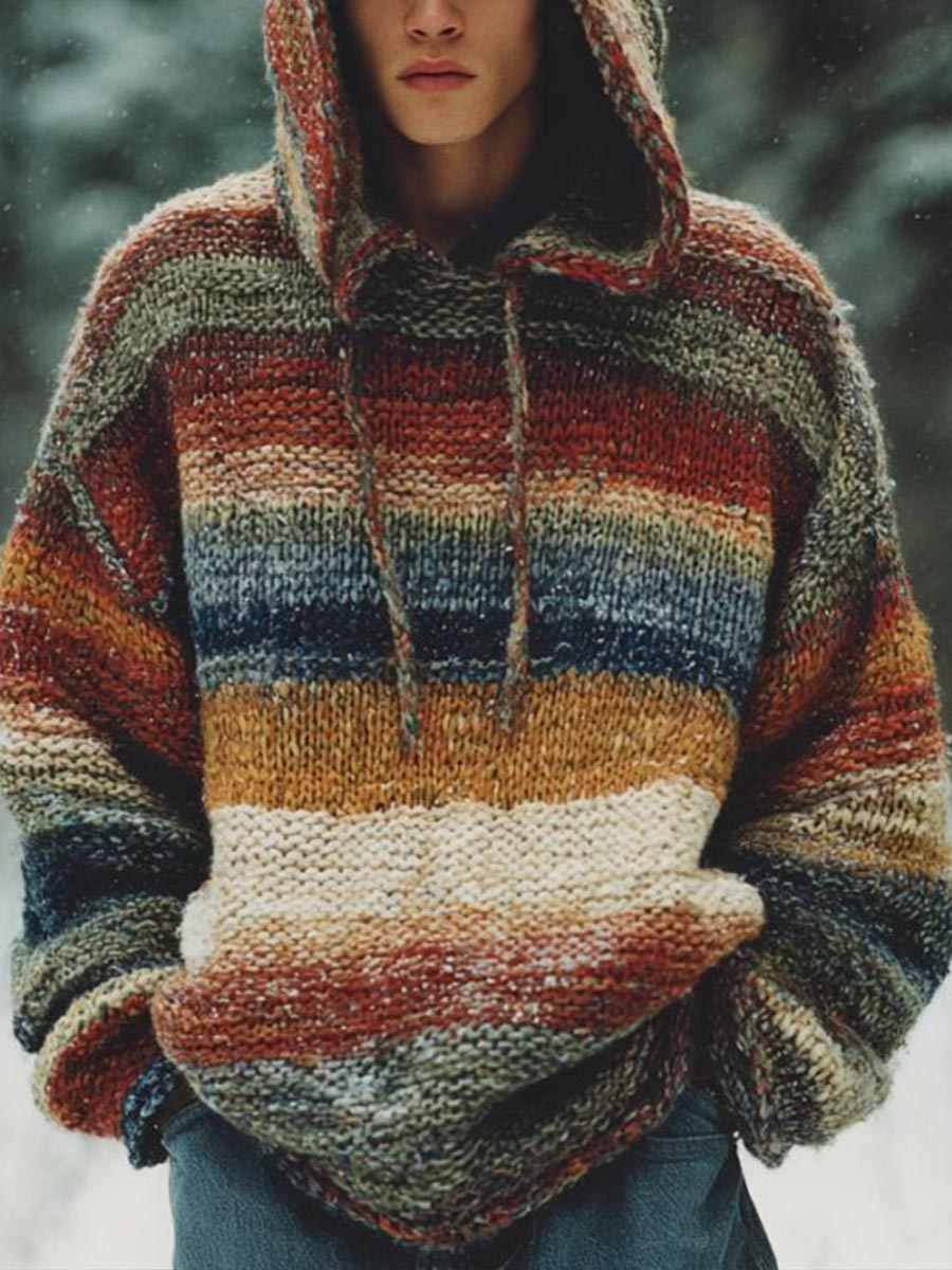 Vintage Stripe Print Casual Knitted Hoodie Sweater