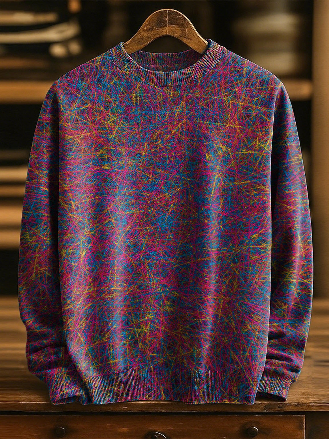 Colorful Random Line Decorative Pattern Casual Round Collar Long Sleeve Sweater