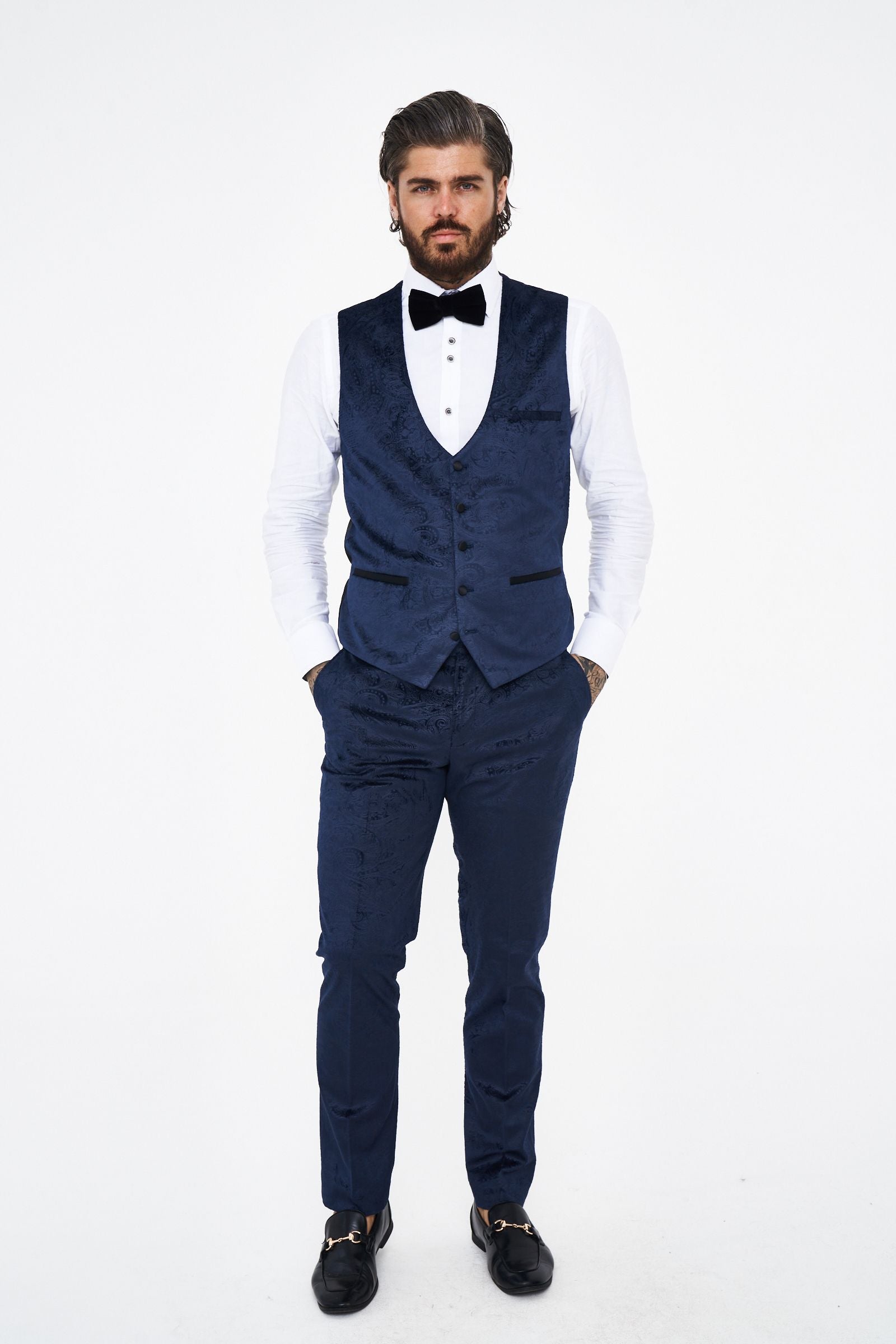 Marc Darcy Simon Navy Velvet Jacquard Waistcoat