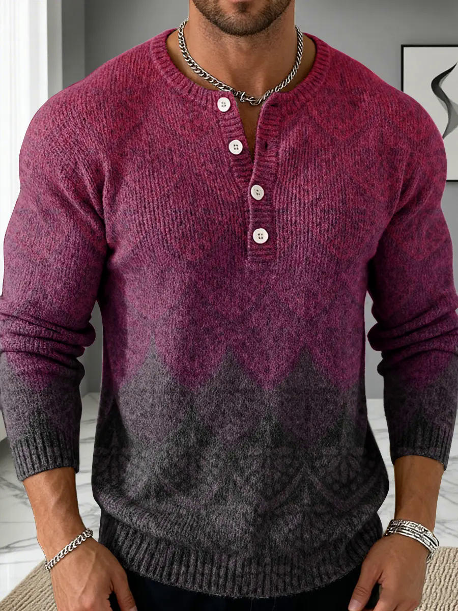 Men's Color Gradient Art Print Buttoned Cardigan Sweater