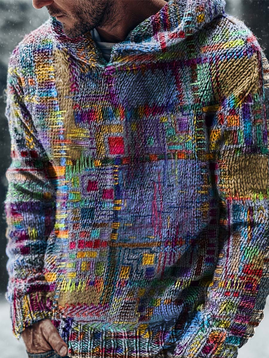 Vintage Purple Patchwork Ethnic Art Print Casual Knitted Hoodie Sweater