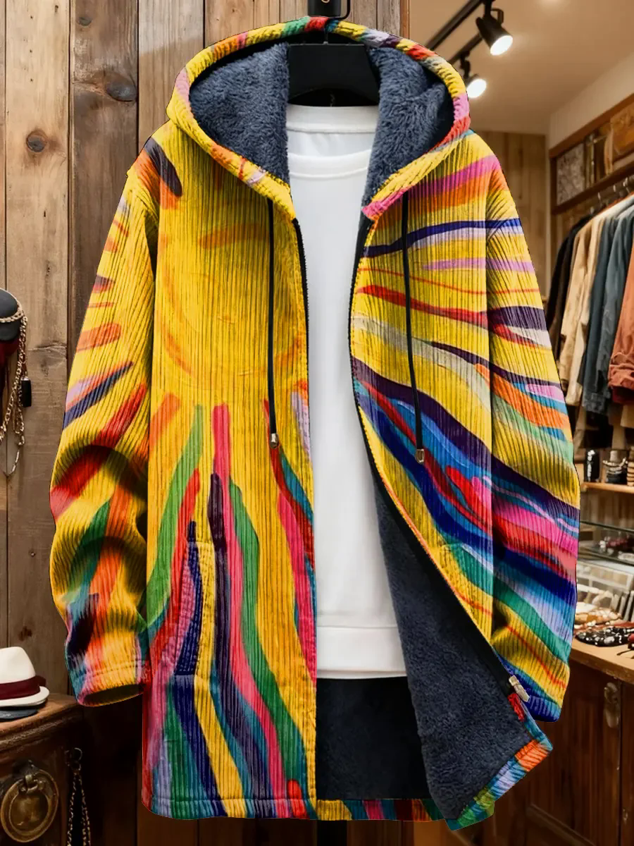 Retro Multicolored Sun Art Print Casual Knitted Hoodie Sweater