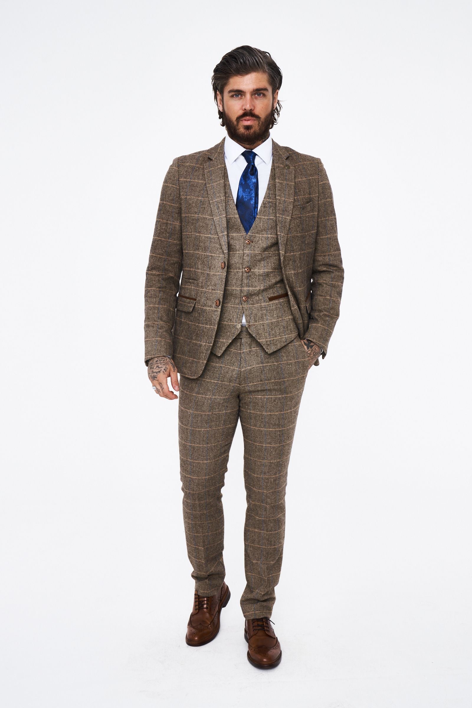 Marc Darcy Ted Tan Tweed Check Three piece Suit