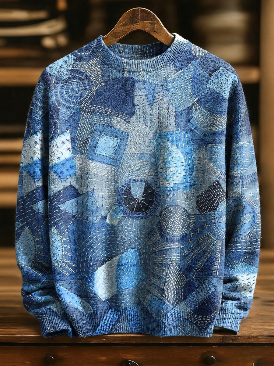 Vintage Patchwork Pattern Print Knit Pullover Sweater