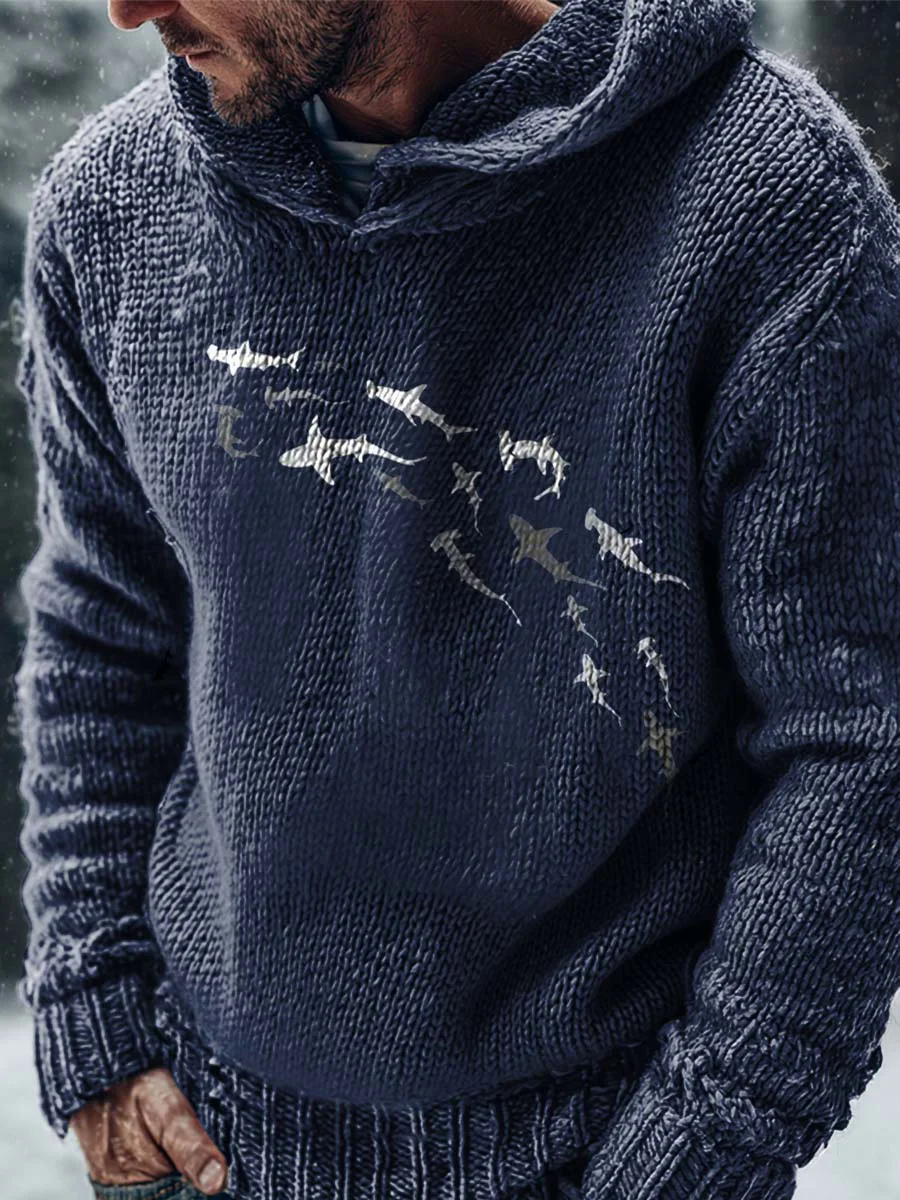 Blue Ocean Manta Ray Print Casual Knitted Hoodie Sweater