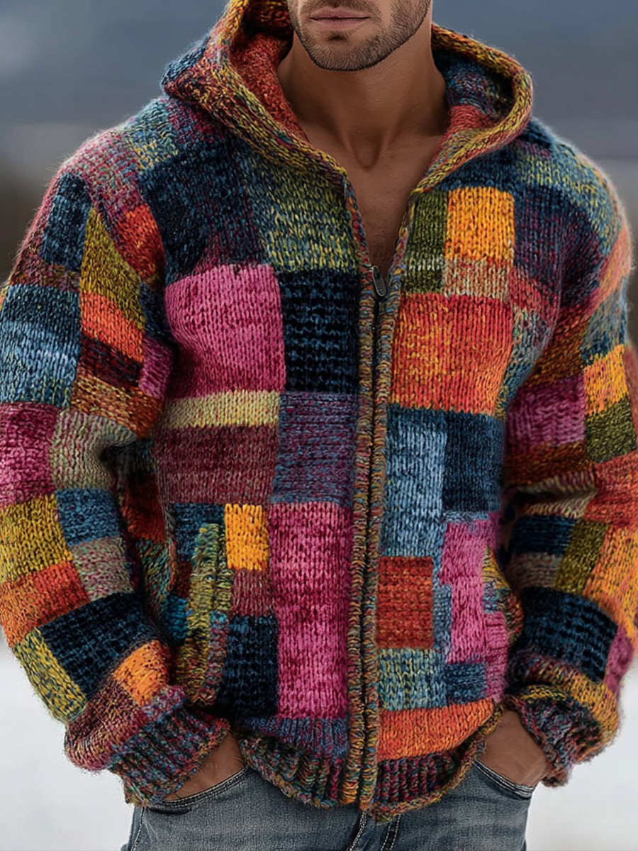 Vintage Color Block Print Knit Zip Up Sweater