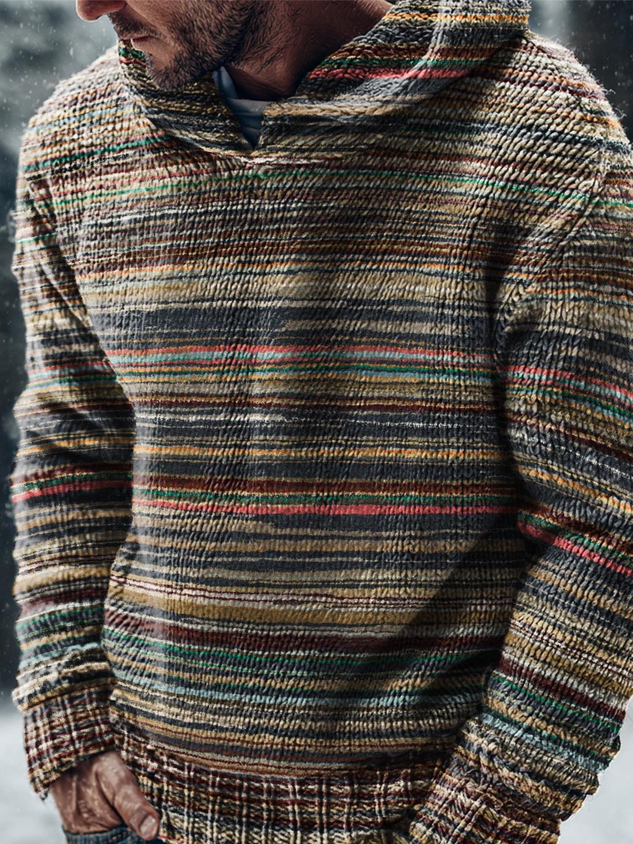 Vintage Striped Decorative Pattern Casual Knitted Hoodie Sweater