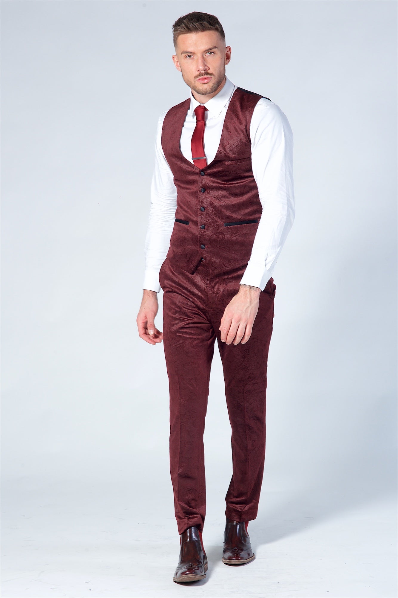 Marc Darcy Simon Wine Velvet Jacquard Waistcoat