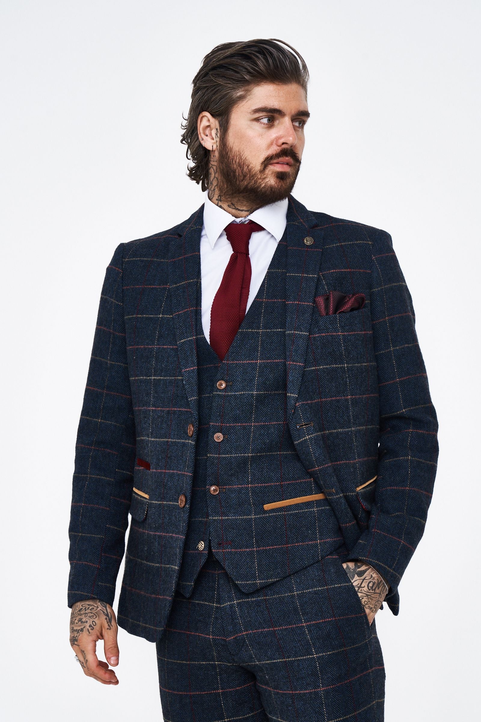 Eton - Navy Blue Tweed Check Three Piece Suit