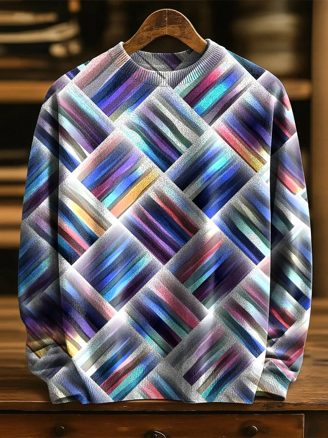 Retro Multicolor Geometry Art Print Knit Pullover Sweater