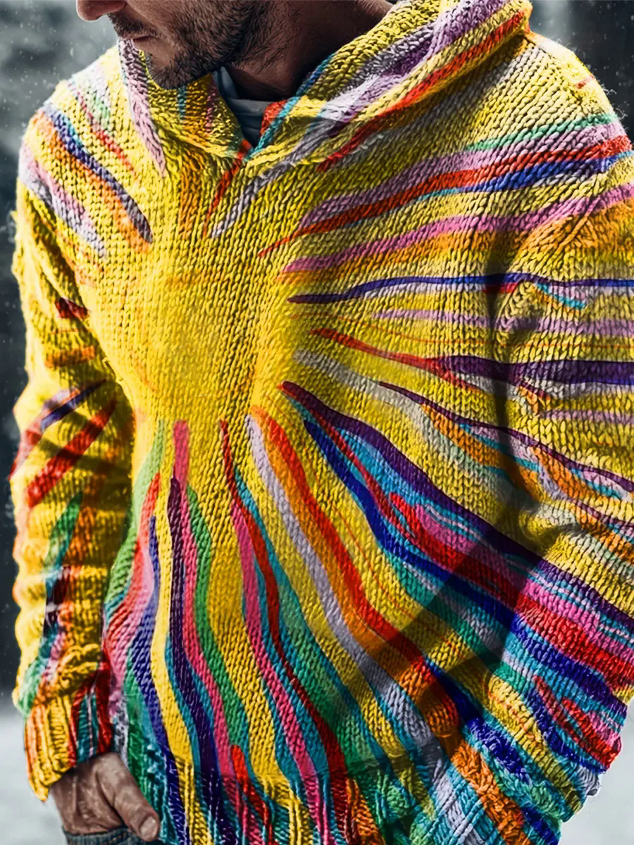 Retro Multicolored Sun Art Print Casual Knitted Hoodie Sweater