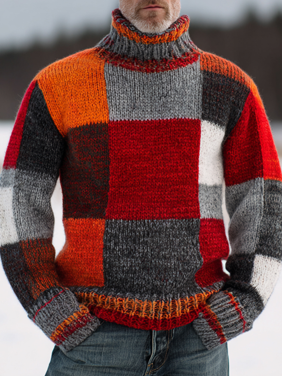 Vintage Contrast Color Block Print Knit Turtleneck Pullover Sweater