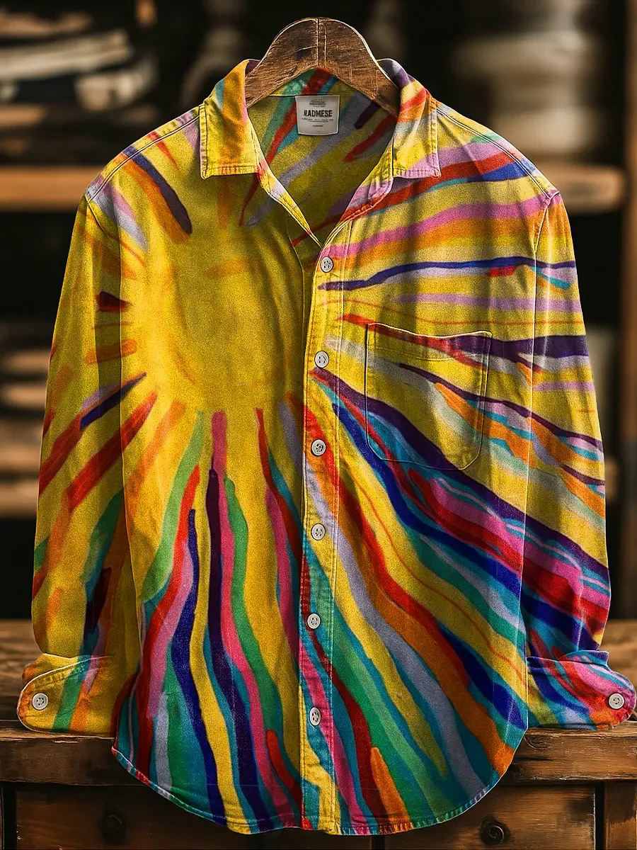 Retro Multicolored Sun Art Print Casual Knitted Hoodie Sweater