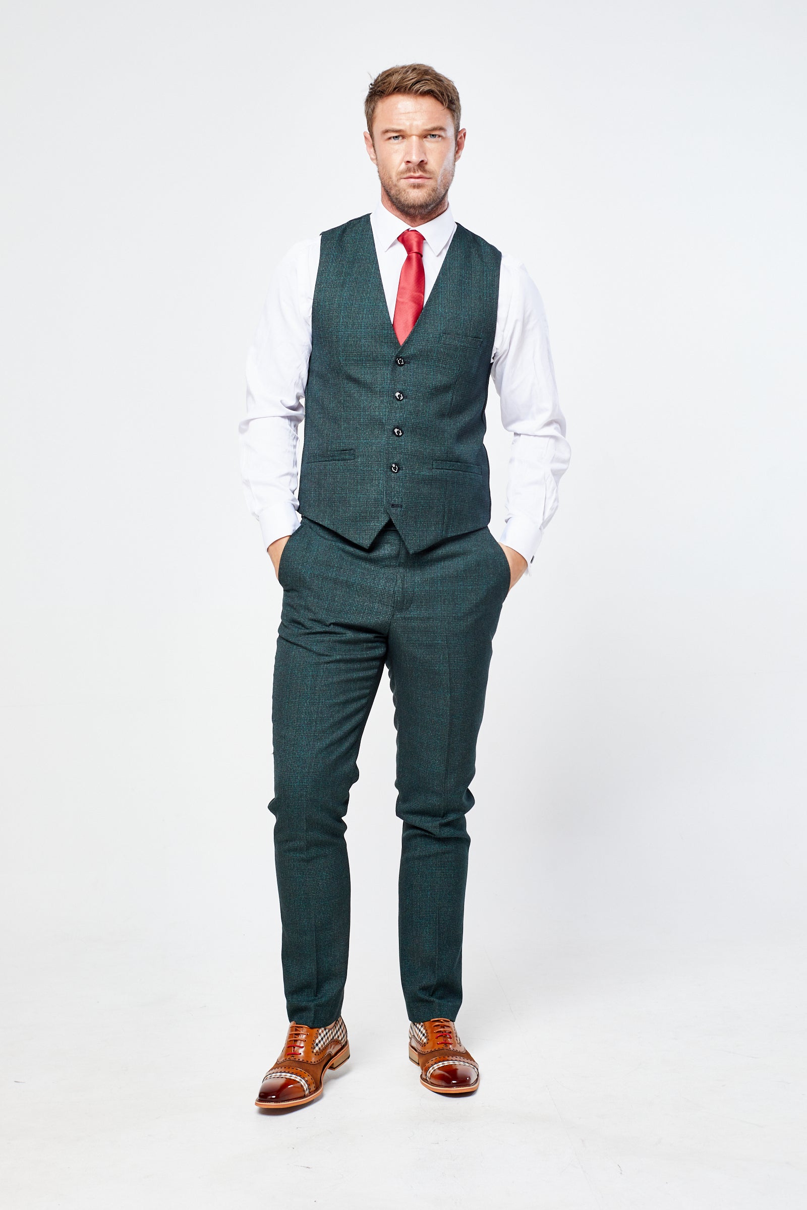 Caridi Olive Check Three Piece Suit