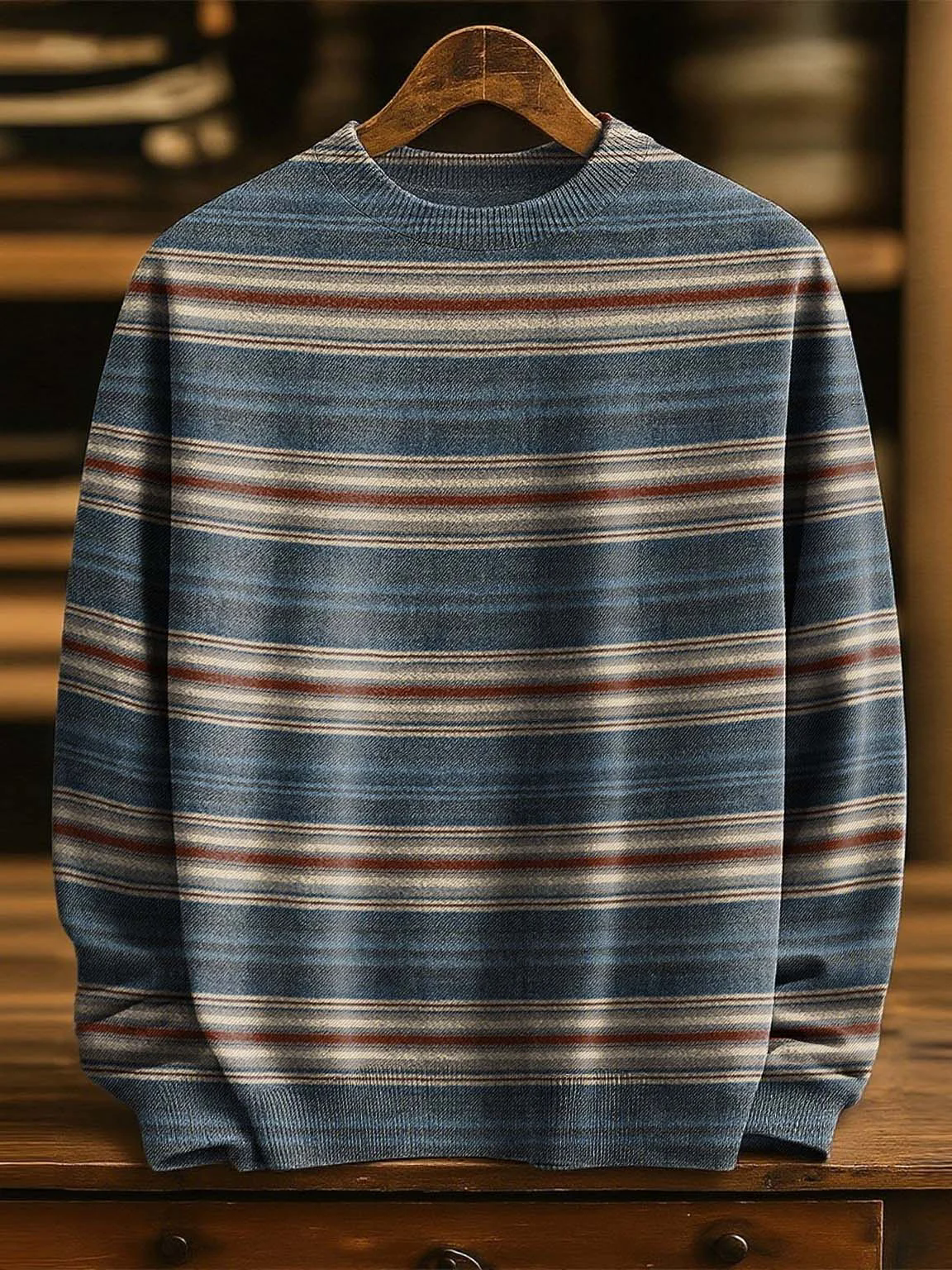 Vintage Blue Stripes Print Casual Knitted Hoodie Sweater
