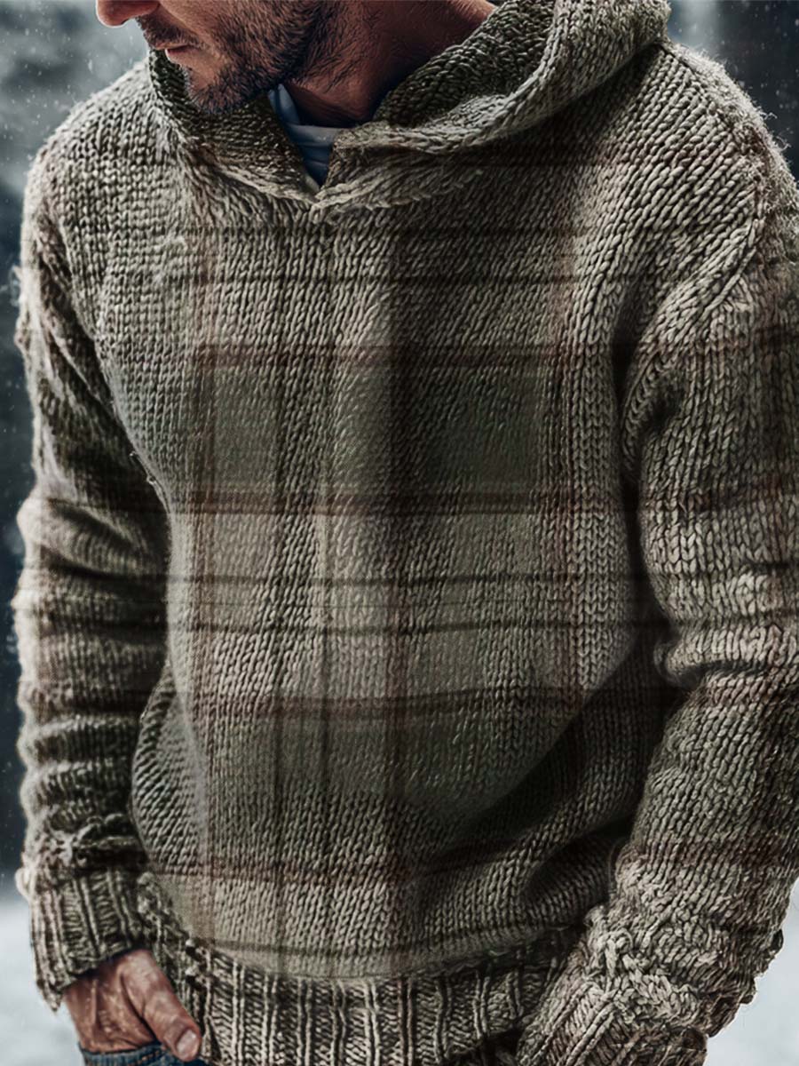 Vintage Gray-green Plaid Print Casual Knitted Hoodie Sweater