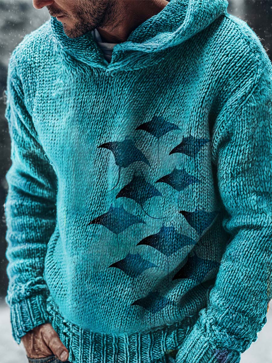 Blue Ocean Manta Ray Print Casual Knitted Hoodie Sweater