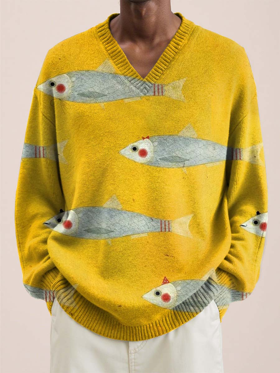 Men V-Neck Yellow Fis Art Lnit Long Sleeve Sweater