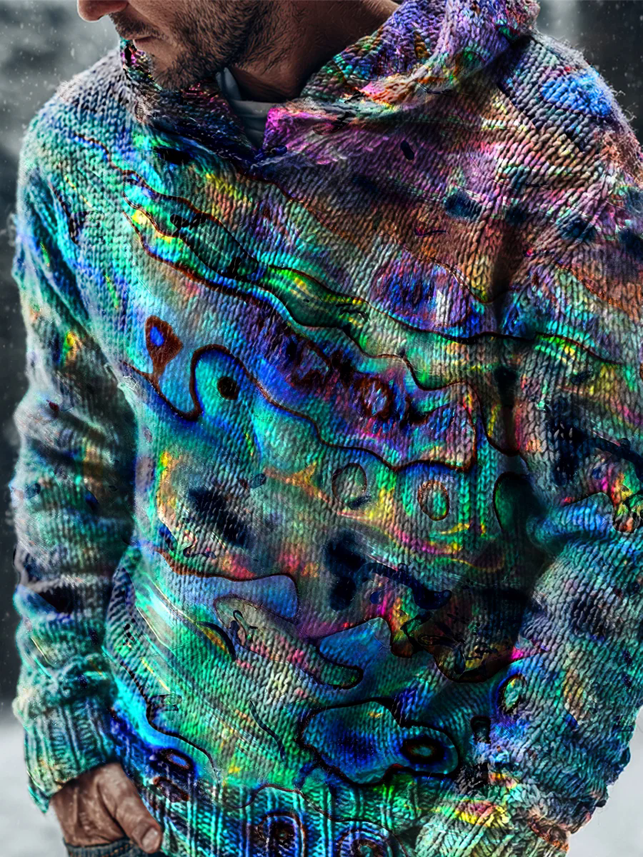 Vintage Purple Patchwork Ethnic Art Print Casual Knitted Hoodie Sweater