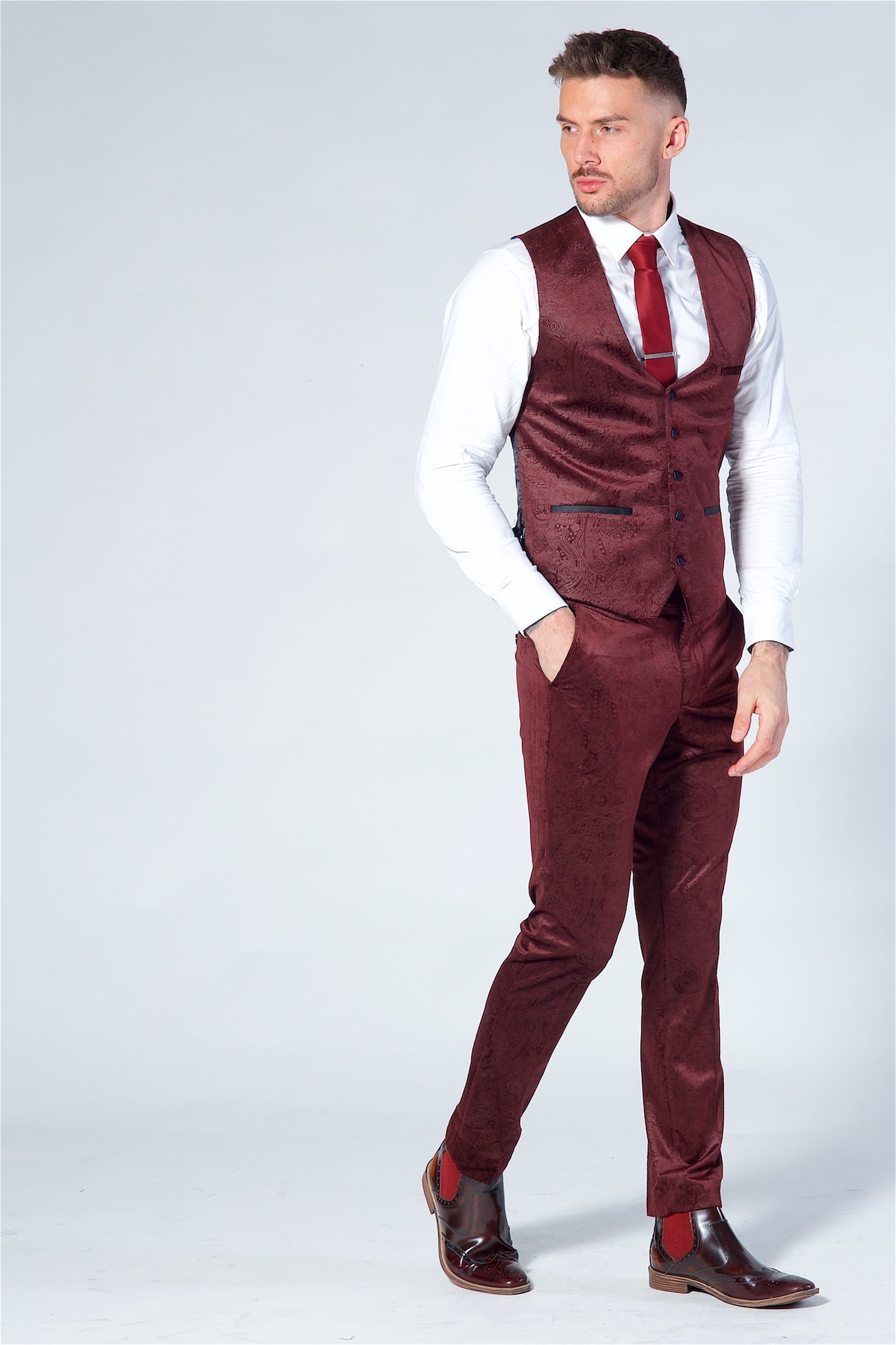 Marc Darcy Simon Wine Velvet Jacquard Waistcoat