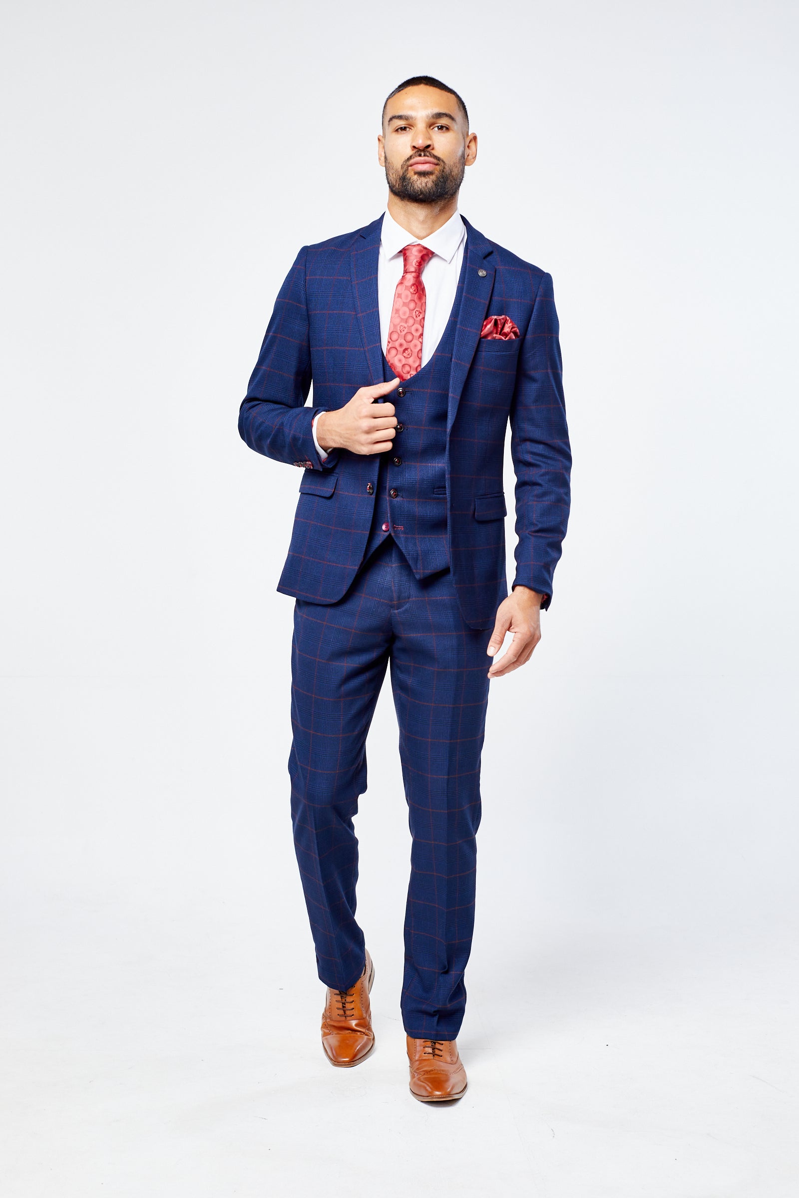 Edison Navy Wine Check Three Piece Suit
