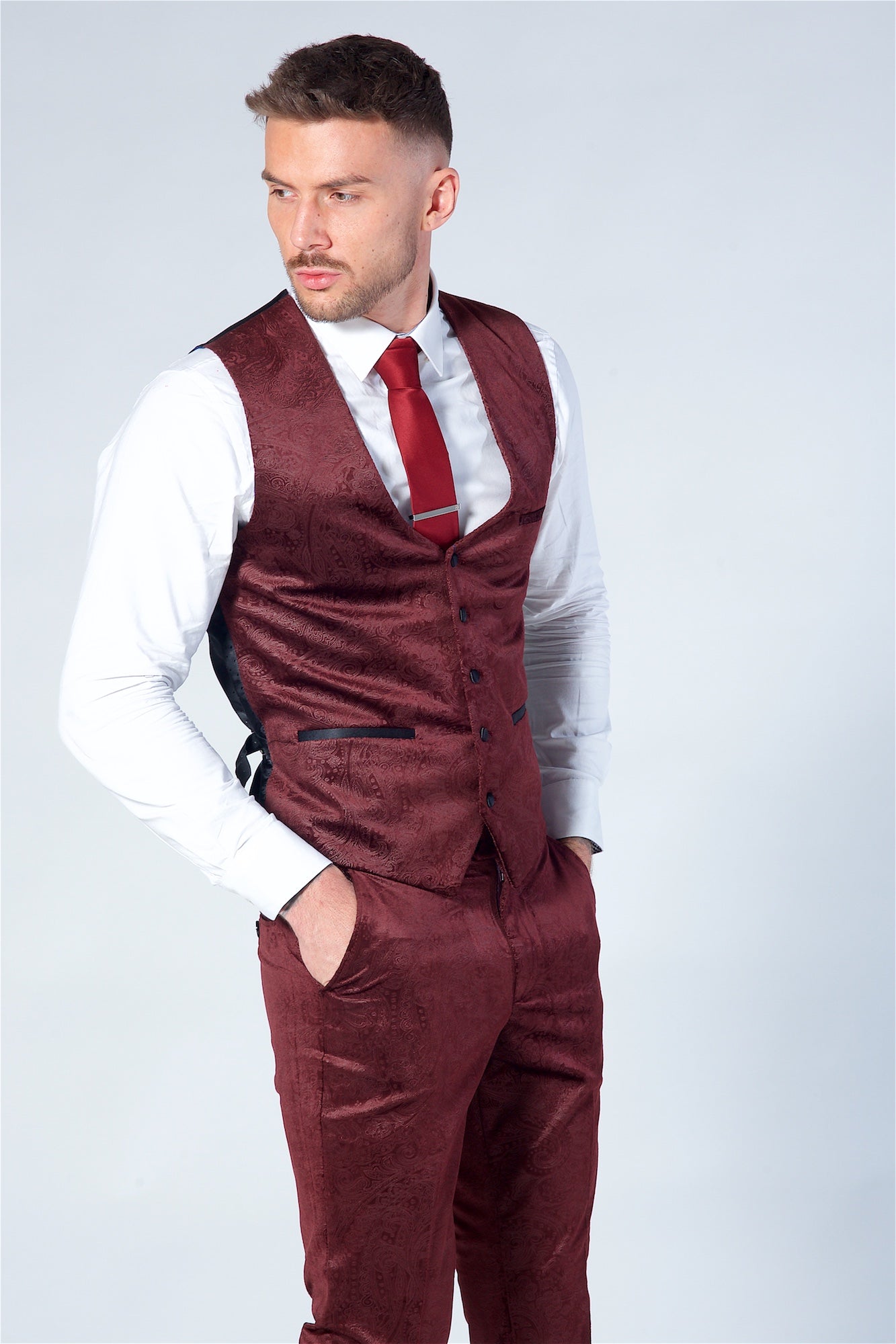 Marc Darcy Simon Wine Velvet Jacquard Waistcoat