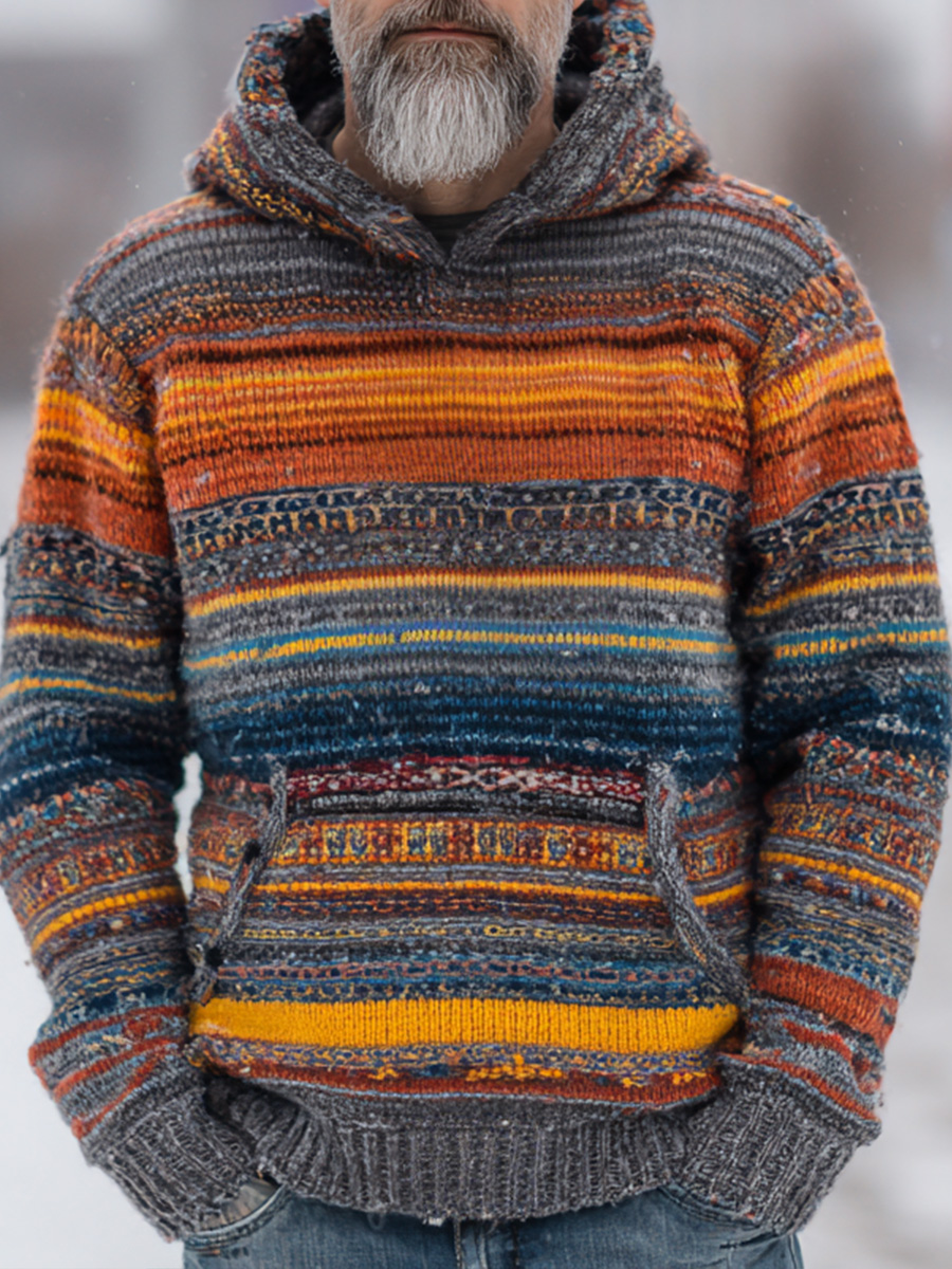 Vintage Ethnic Stripe Print Knit Pullover Hooded Sweater