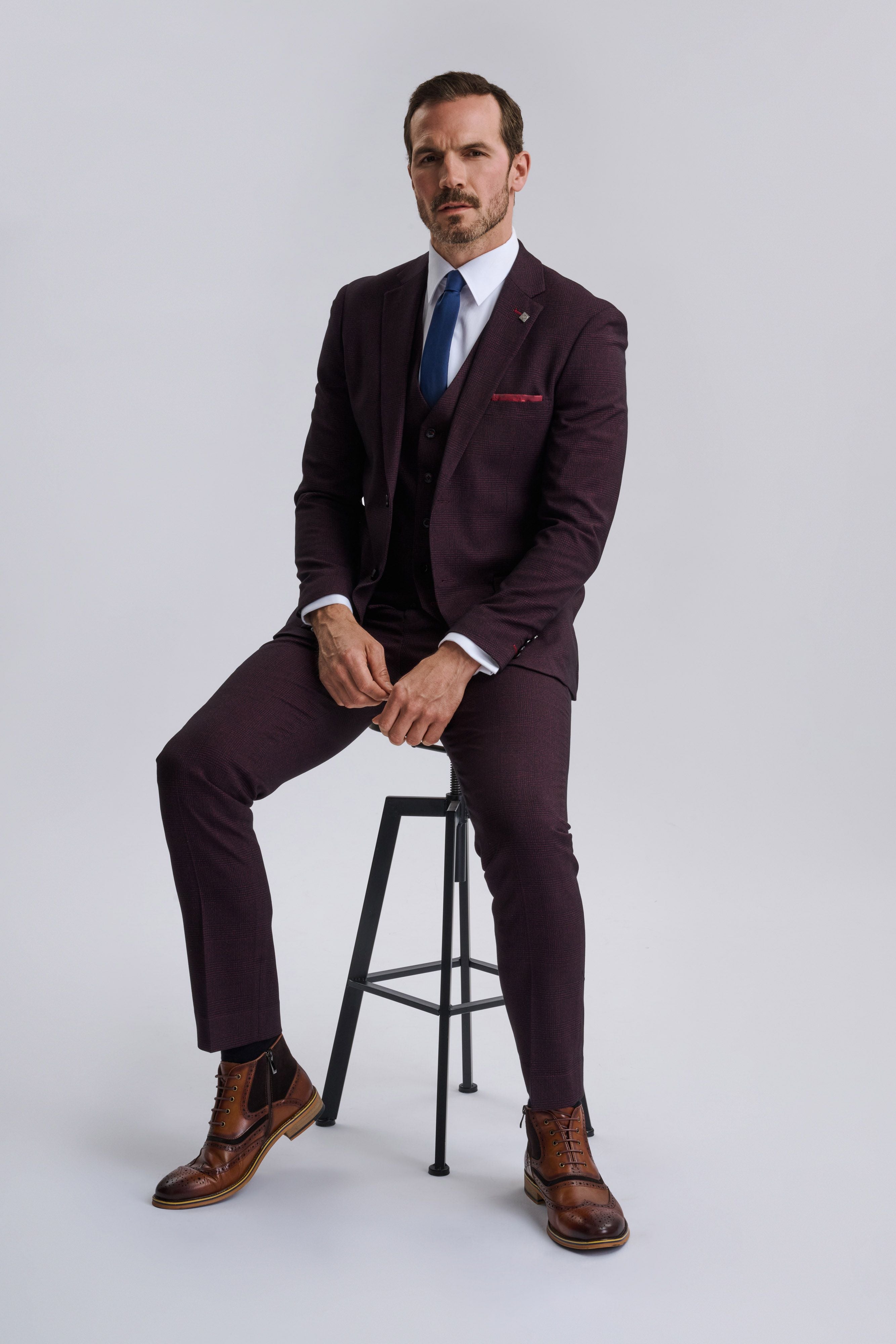 Regent Wine Check Three Piece Suit