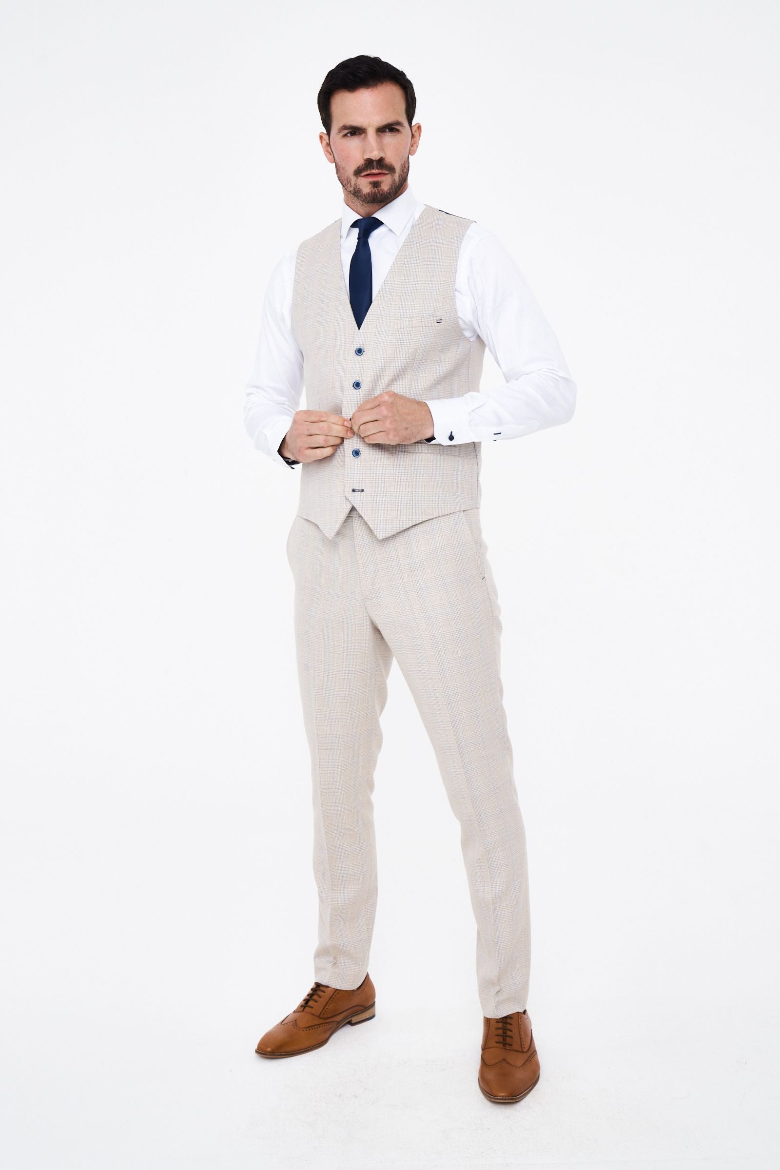 House of Cavani Caridi Beige Short Check Three Piece Suit
