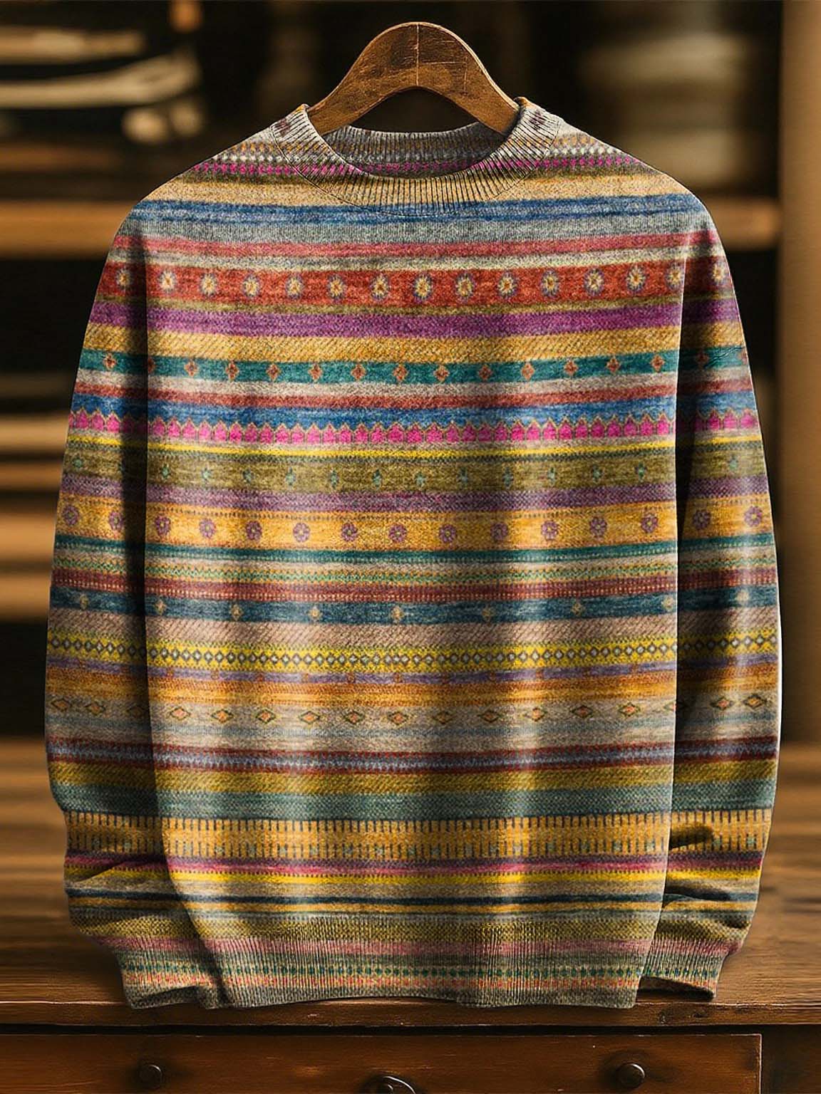 Retro Colorful Ethnic Stripes Print Knit Pullover Sweater