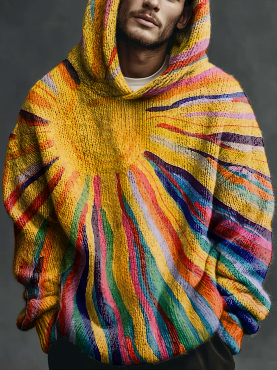 Retro Multicolored Sun Art Print Casual Knitted Hoodie Sweater