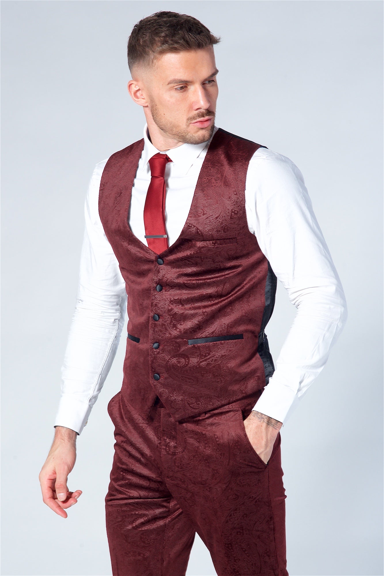 Marc Darcy Simon Wine Velvet Jacquard Waistcoat