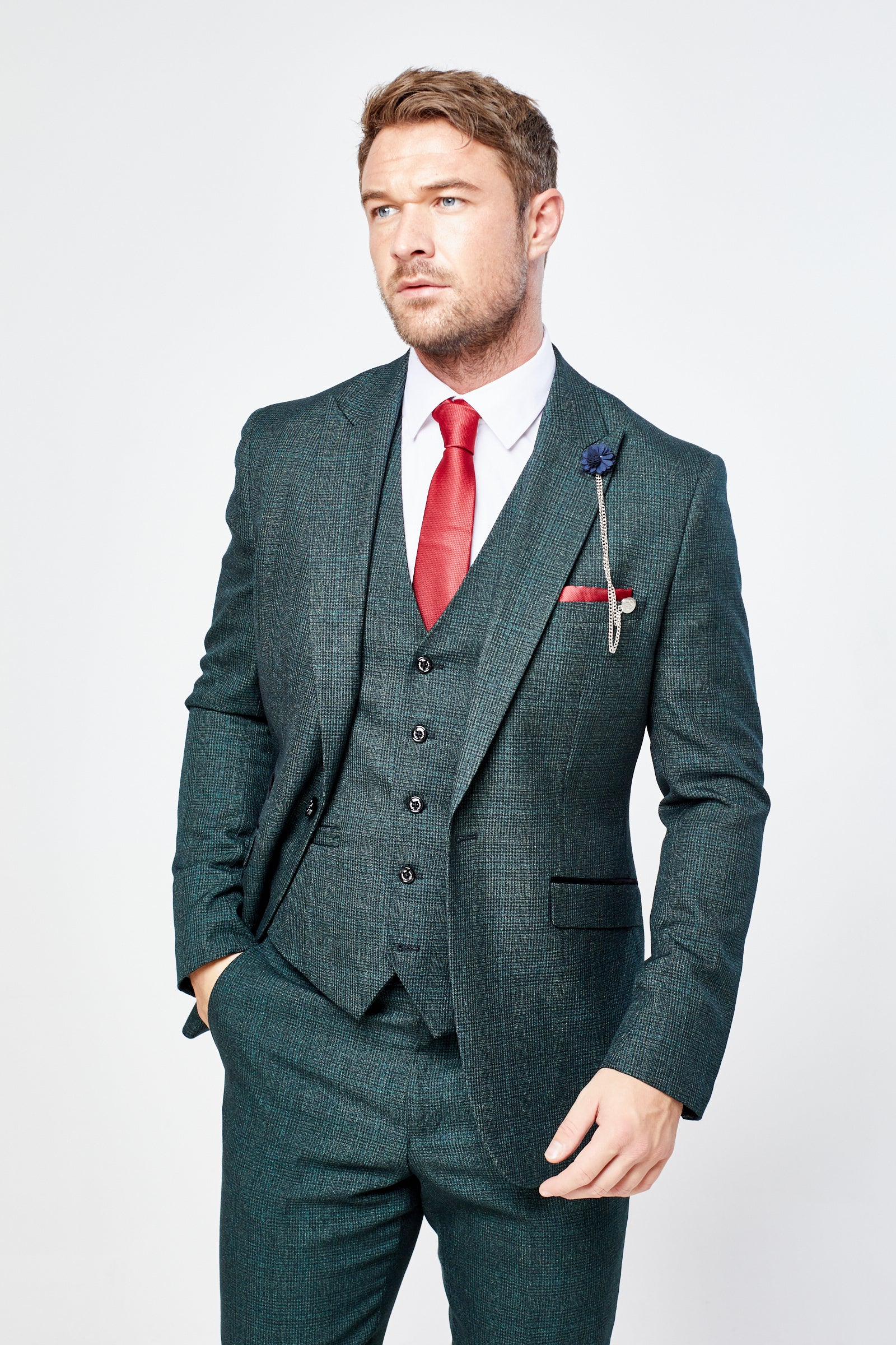 Caridi Olive Check Three Piece Suit