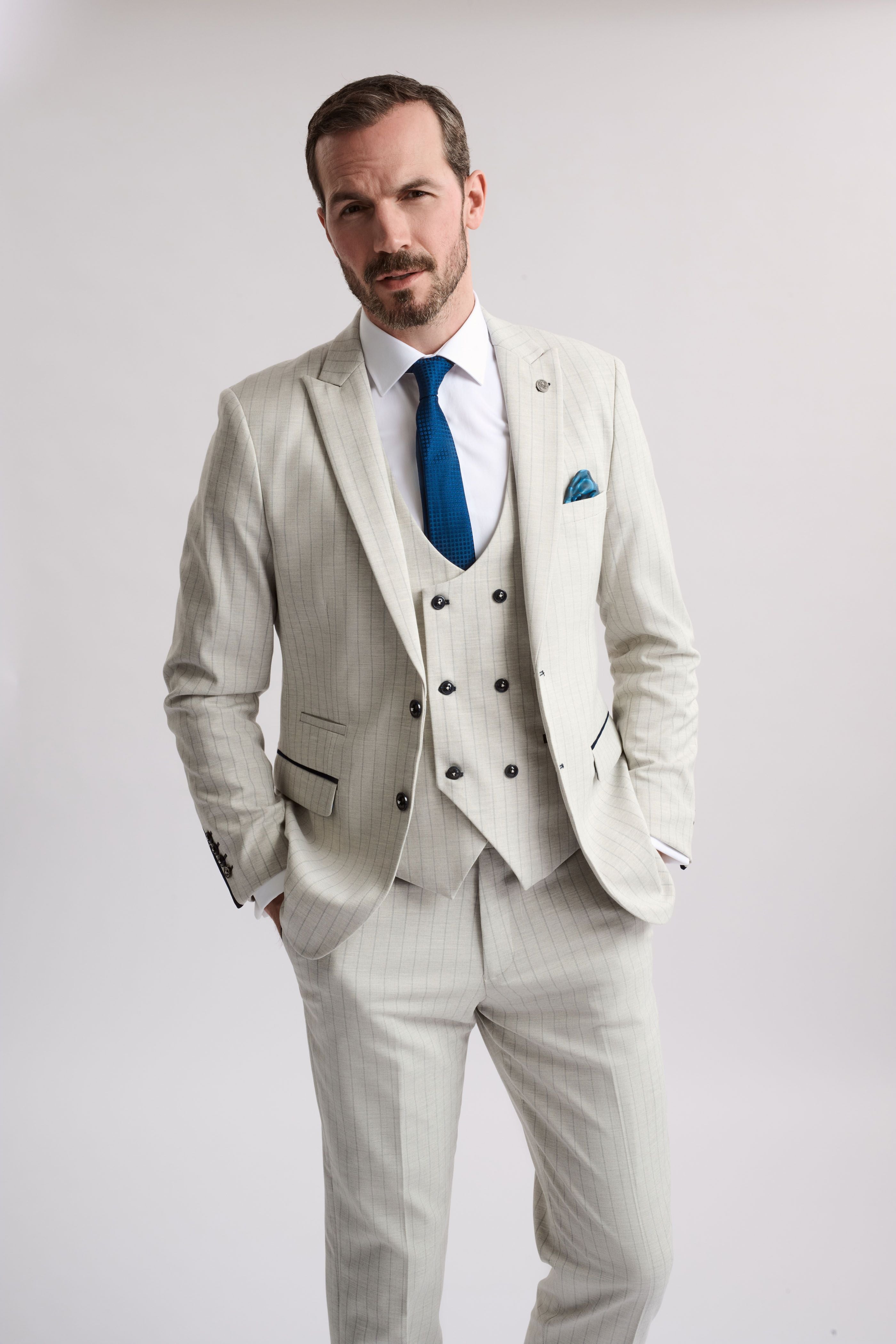 Grant Stone Pinstripe Double Breasted 3 Piece Suit