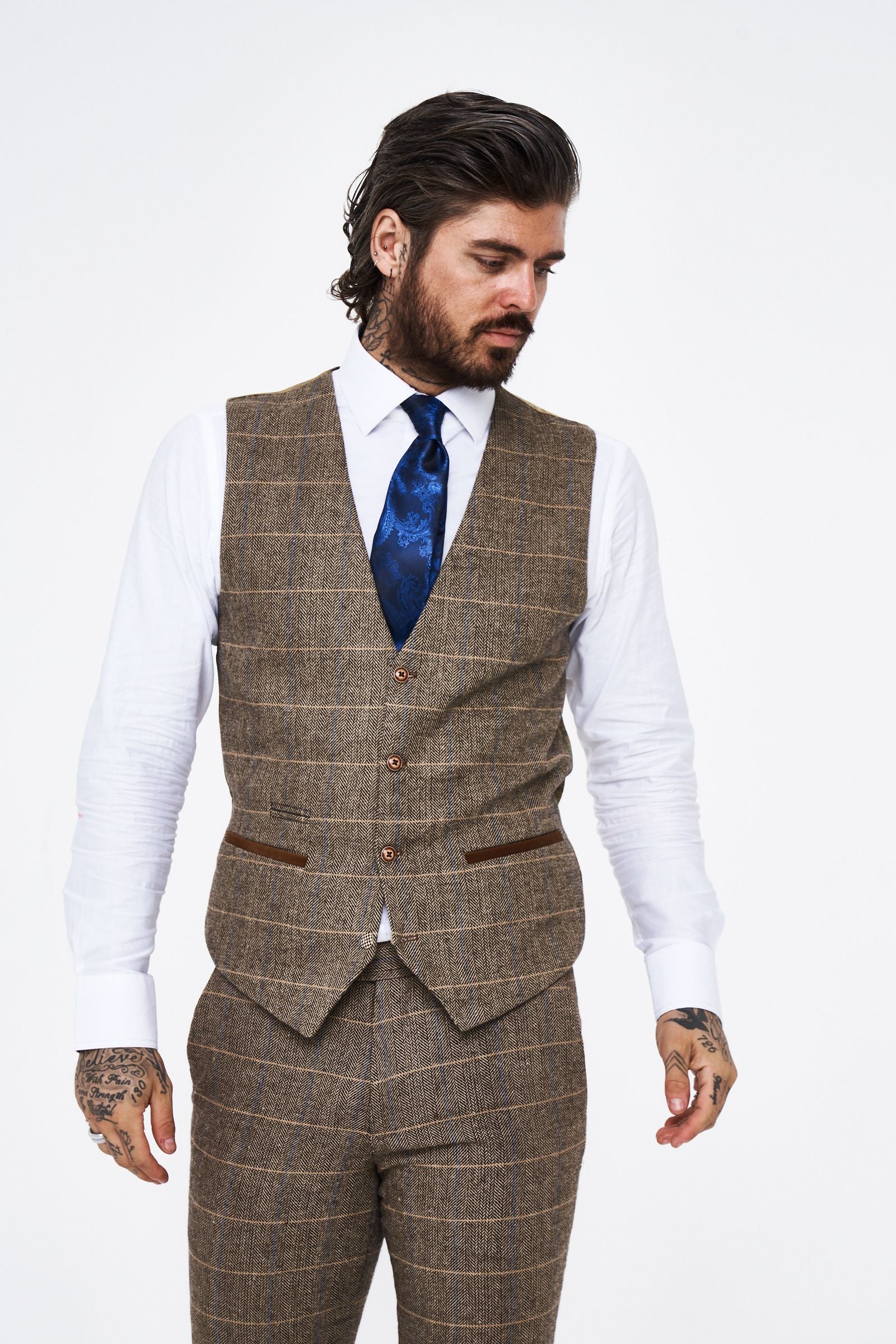 Marc Darcy Ted Tan Tweed Check Three piece Suit