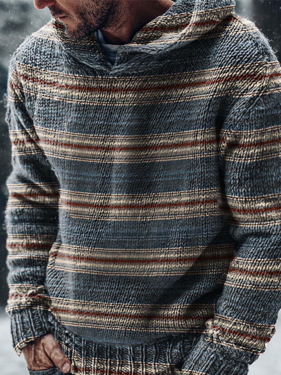 Vintage Blue Stripes Print Casual Knitted Hoodie Sweater