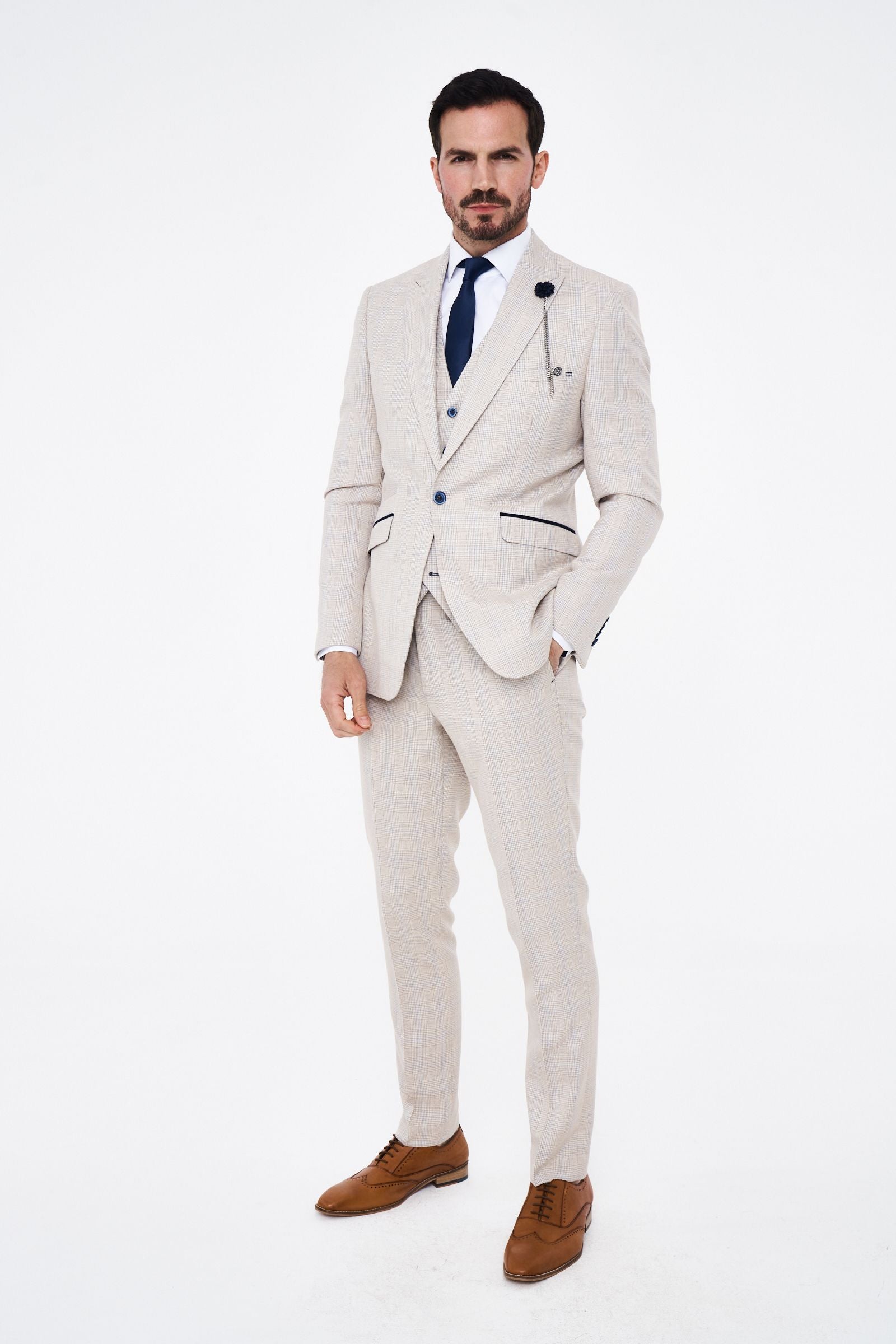 House of Cavani Caridi Beige Short Check Three Piece Suit