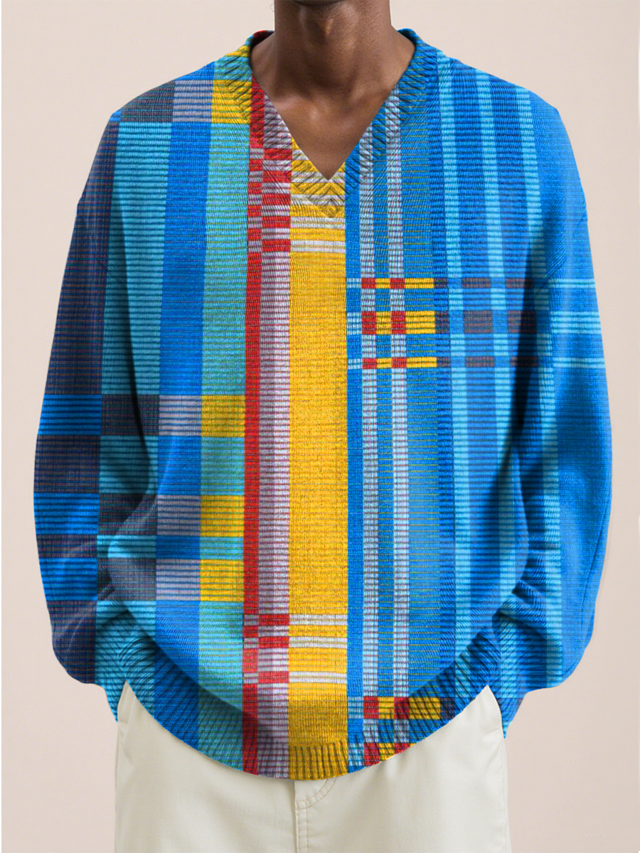 Men Multicolor Stripe Print V-Neck Lnit Long Sleeve Sweater