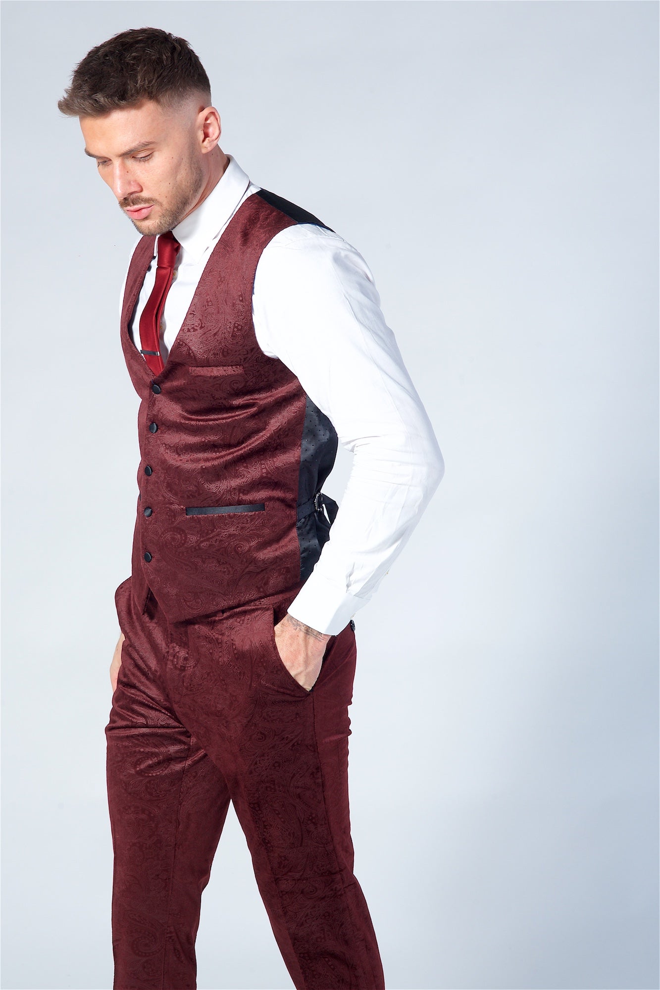 Marc Darcy Simon Wine Velvet Jacquard Waistcoat