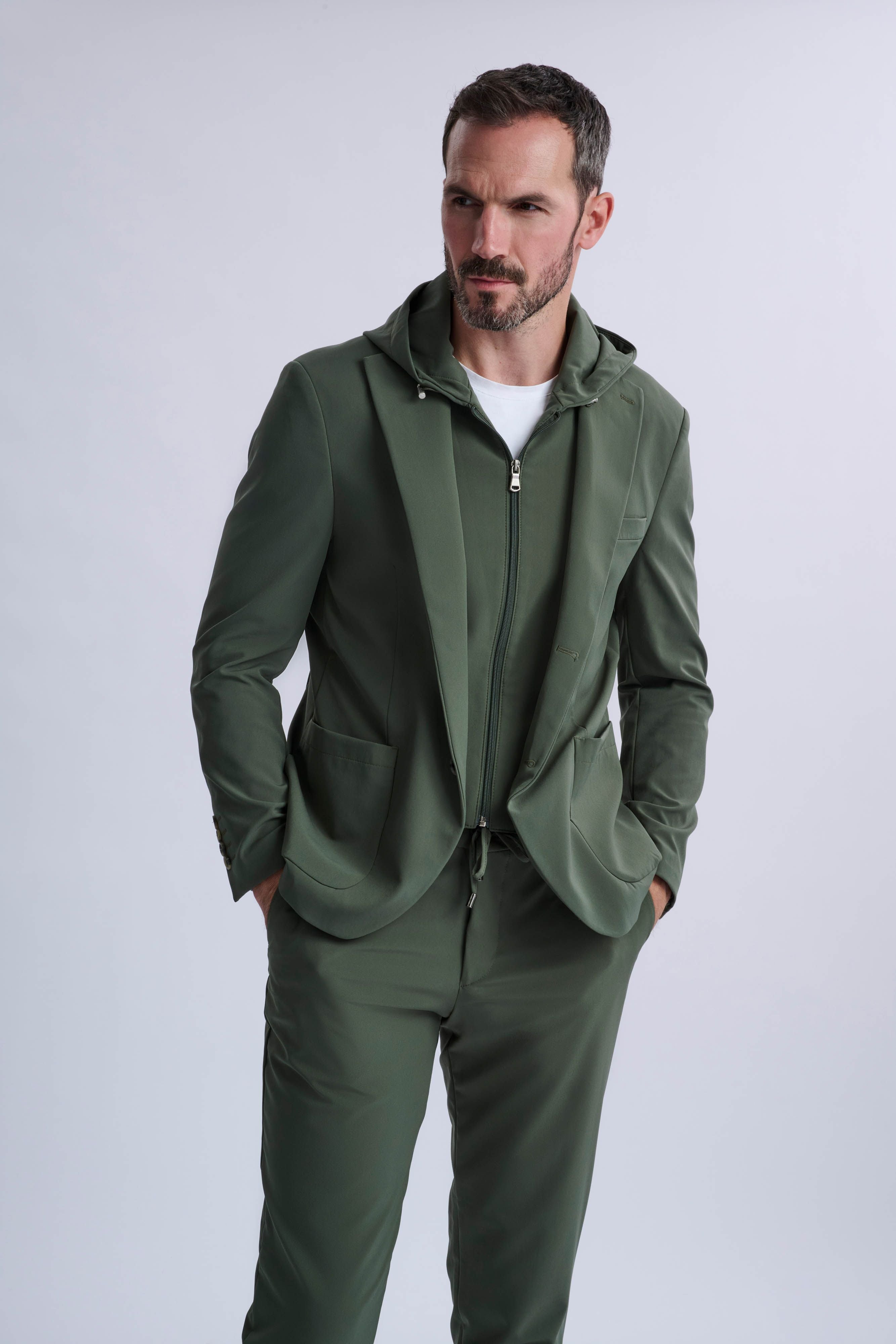 Rulli Khaki 360 Stretch Technical Suit with Detachable Hood